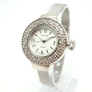 Maurices Womens Silver Tone Watch 36mm Pave Gem Bezel Mesh Strap w New Battery